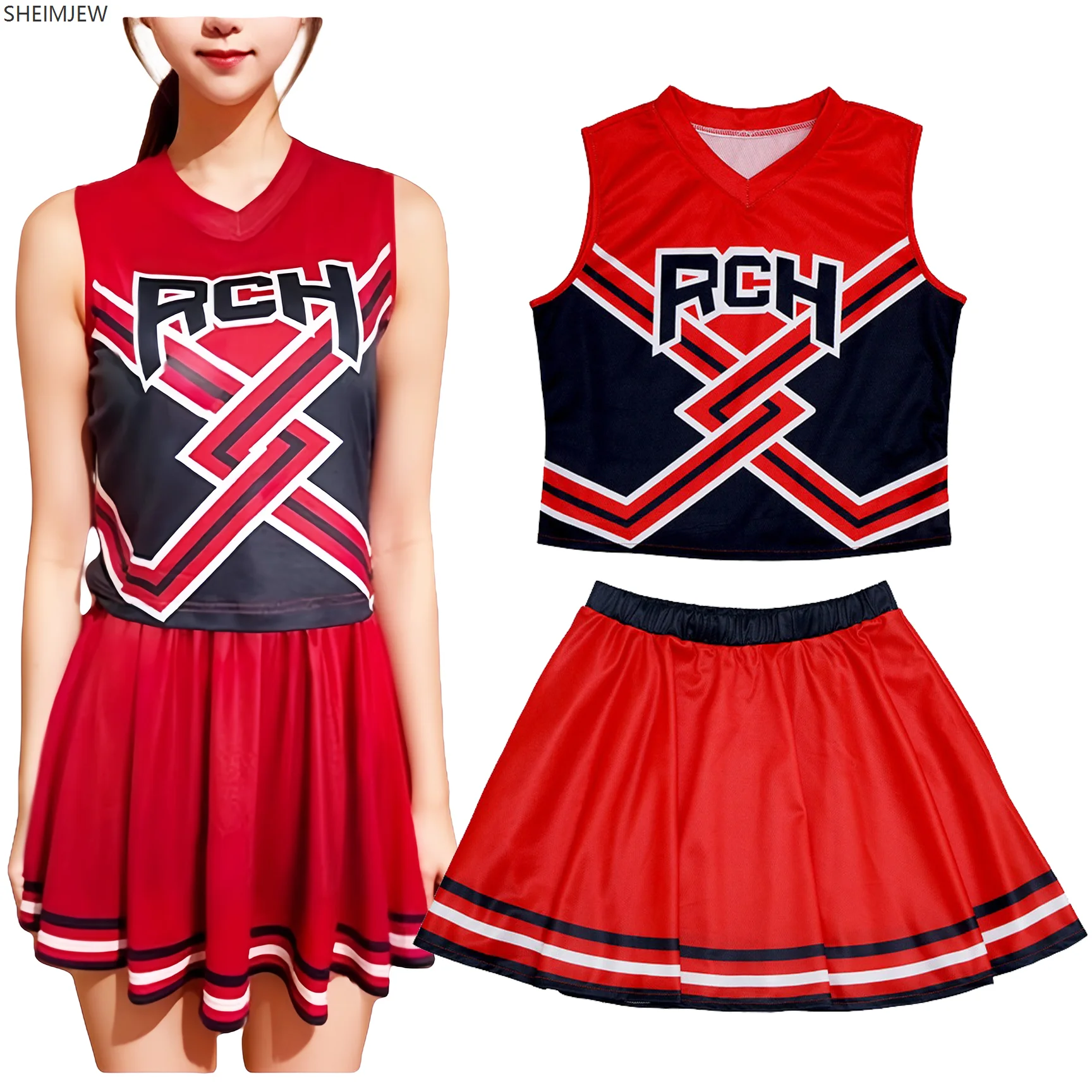 

Movie Red Cheerleader Uniform Cosplay Women's Soccer Babe Masquerade Vest Miniskirt High School Athletic Meeting Costume Set