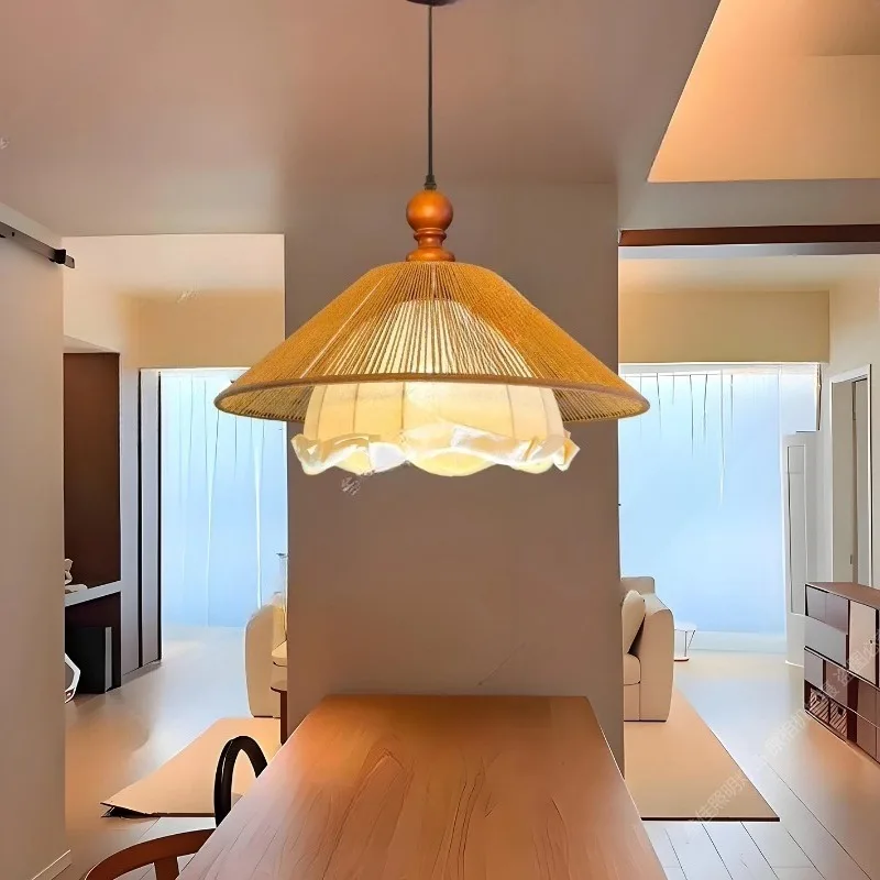 

Japanese Rattan Pendant Lamp Handwoven Bamboo Fabric Lampshade Dining Room Kitchen Living Bar Counter Home Decoration Chandelier