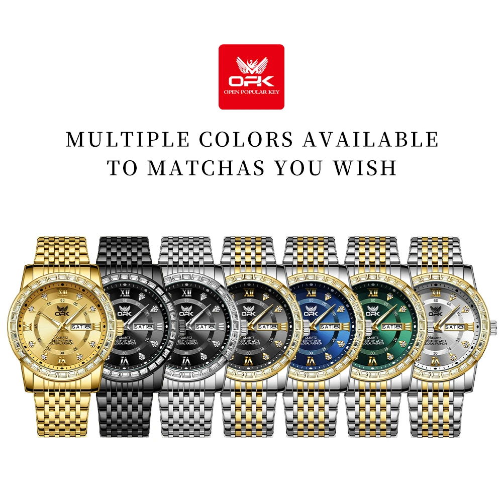 OPK 8174 Watches For Men Classics Fashion Original Quartz Wristwatch Zircon Bezel Waterproof Luminous Dual Calendar Display