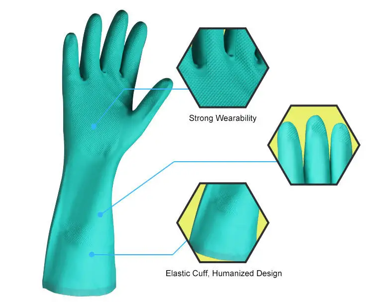 Durable Green work clean room safety hand ppe chemical resistant Flocking Lining 15mil Nitrile Glove