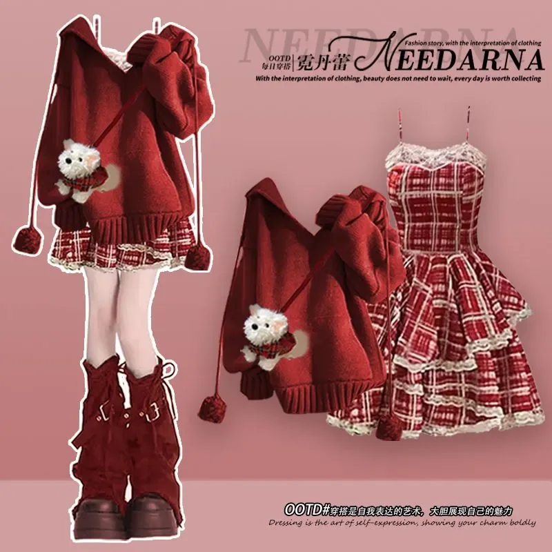 

Красный вязаный свитер с капюшоном в корейском стиле и клетчатый мини-платье для женщин, повседневный наряд для рождественской вечеринки, комбинированный наряд