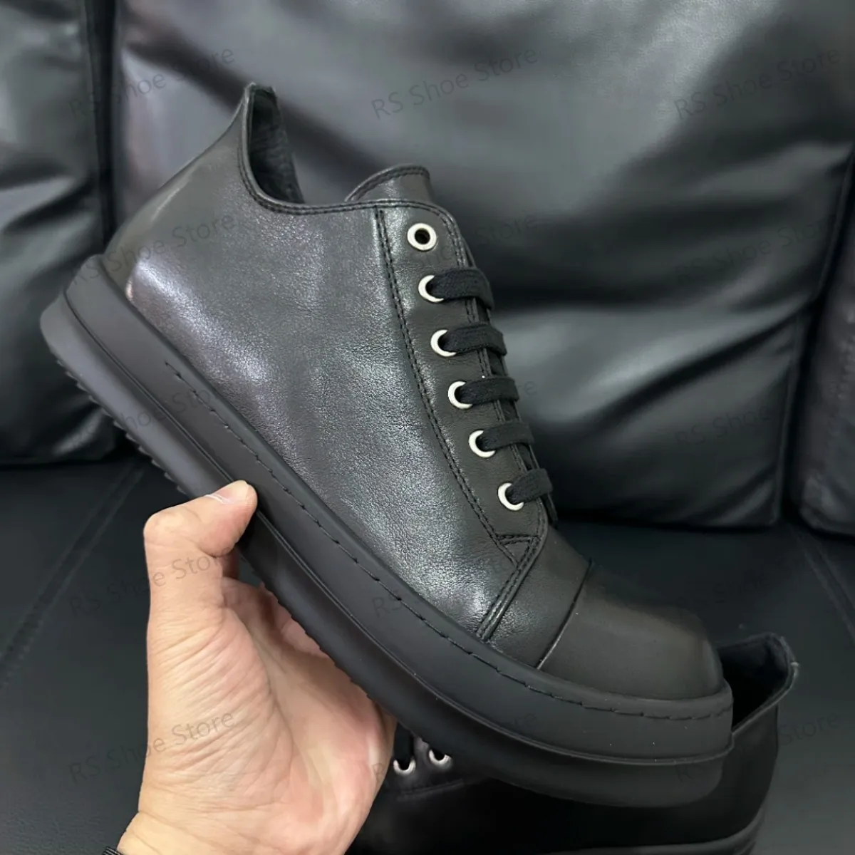 

R-o Retro Classic Men Shoe Full Black Leather Low Top Shoes Women Casual Sneaker Lace Up Flat Sneakers