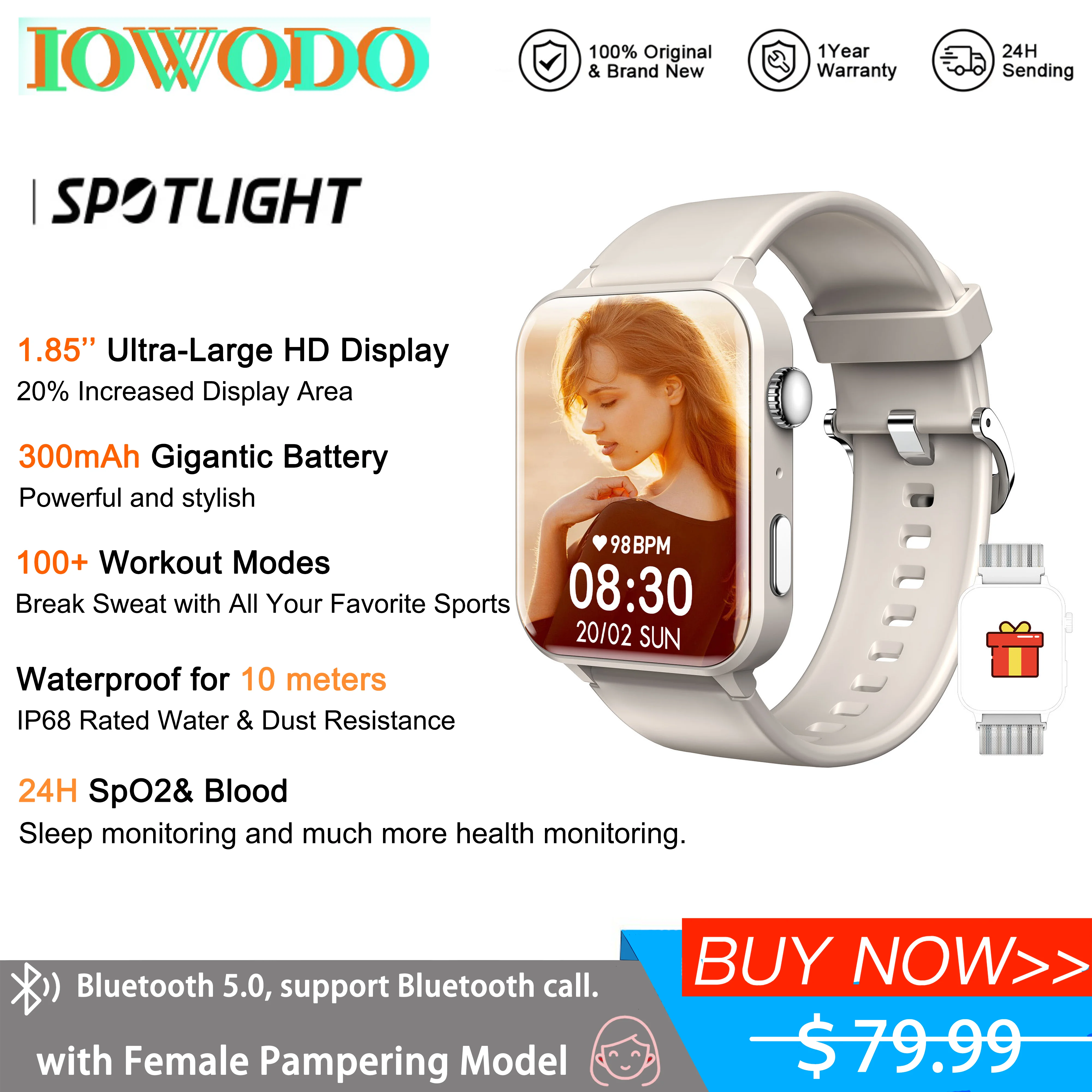 IOWODO Smart Watch for Men Women Bluetooth Call, AI Voice, 1.85