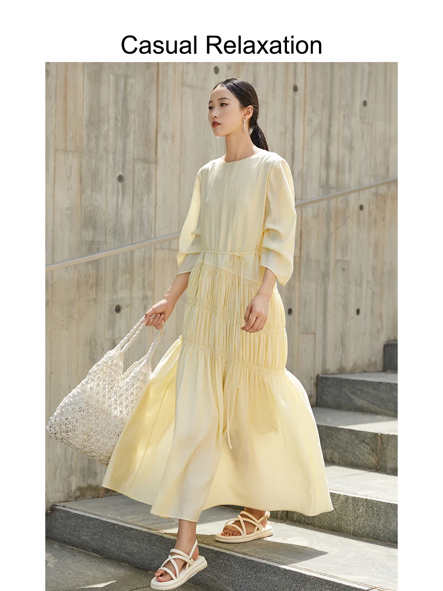 Nueva Falda de Verano para Mujer, Estilo A-Line, Cuello Redondo, Color Amarillo Leche, Ideal para la Playa o Lugares Turísticos, con Detalles Ondulados