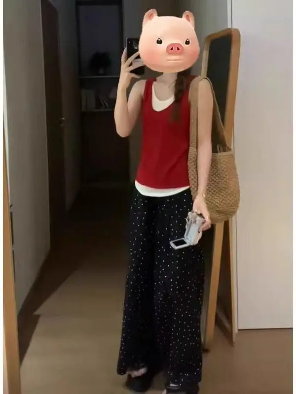 빨간색 섹시 니트 조끼 여성용 아우터웨어 슬림 라운드 넥 여름 아름다운 탑 이너 매치 캐주얼 루즈핏