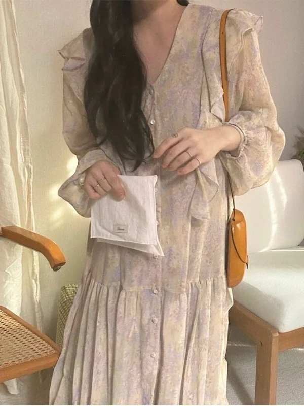 Coreano Sle Splice Lace Trim Chiffon floreale Dr Primavera da donna Nuova delicata gonna lunga stretta in vita retrò Pendolari Sle