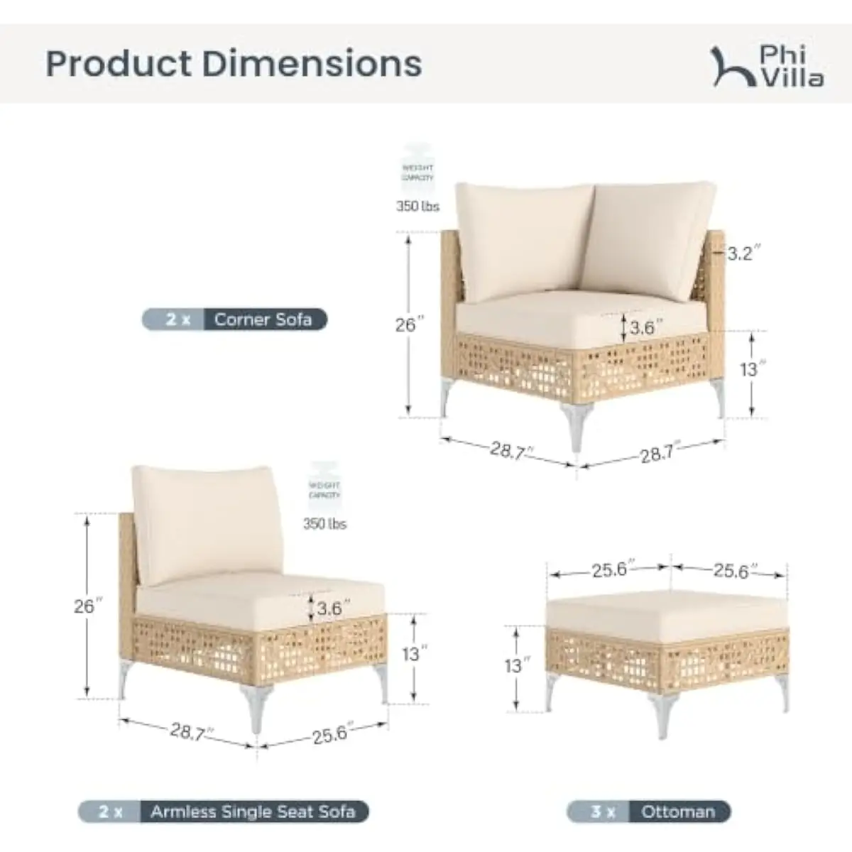 Boho Rectangular Wicker Patio Sectional with Beige Cushions Diamond Weave PE Rattan Silver Metal Legs Adjustable Feet Modular Ou