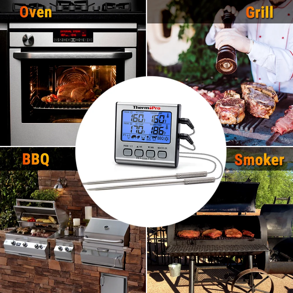 ThermoPro TP17 Digital Backlight Large LCD Display Dual Probe BBQ Oven Meat Kitchen Thermometer With Countdown Timer Function