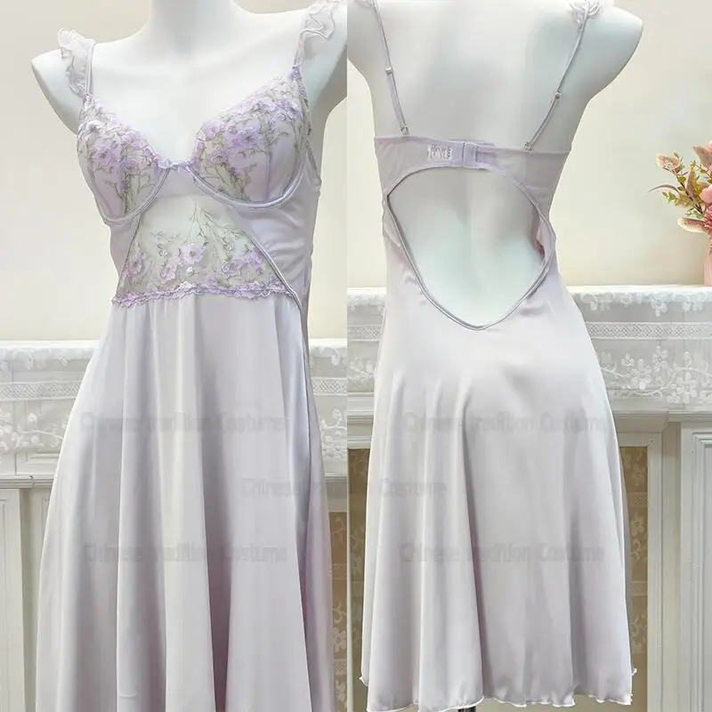 

Light Purple Spaghetti Strap Lady Sexy Lingerie Rayon Home Dressing Gown Long Nightdress French Style Embroider Flower Sleepwear