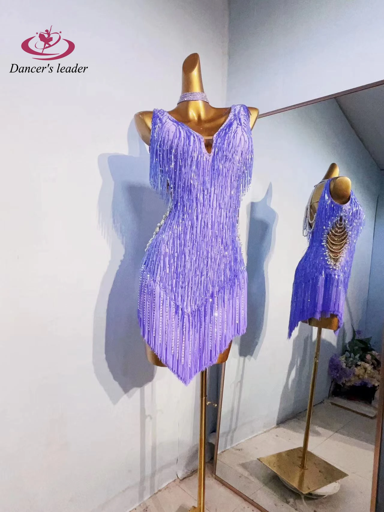 Latin Dance Women's High-end Custom Purple Pearl Tube Pearl Tassel Samba Art Performance Clothing High Flash Dress