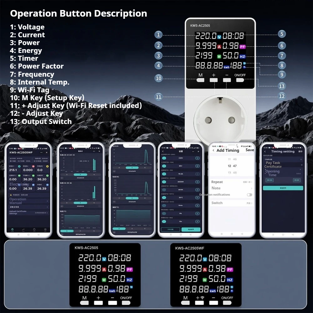 AC85-290V Tuya Smart Switch Digital Energy Meter 0-16A 3500W Voltage Current Energy Monitor Overload Overvoltage Protection