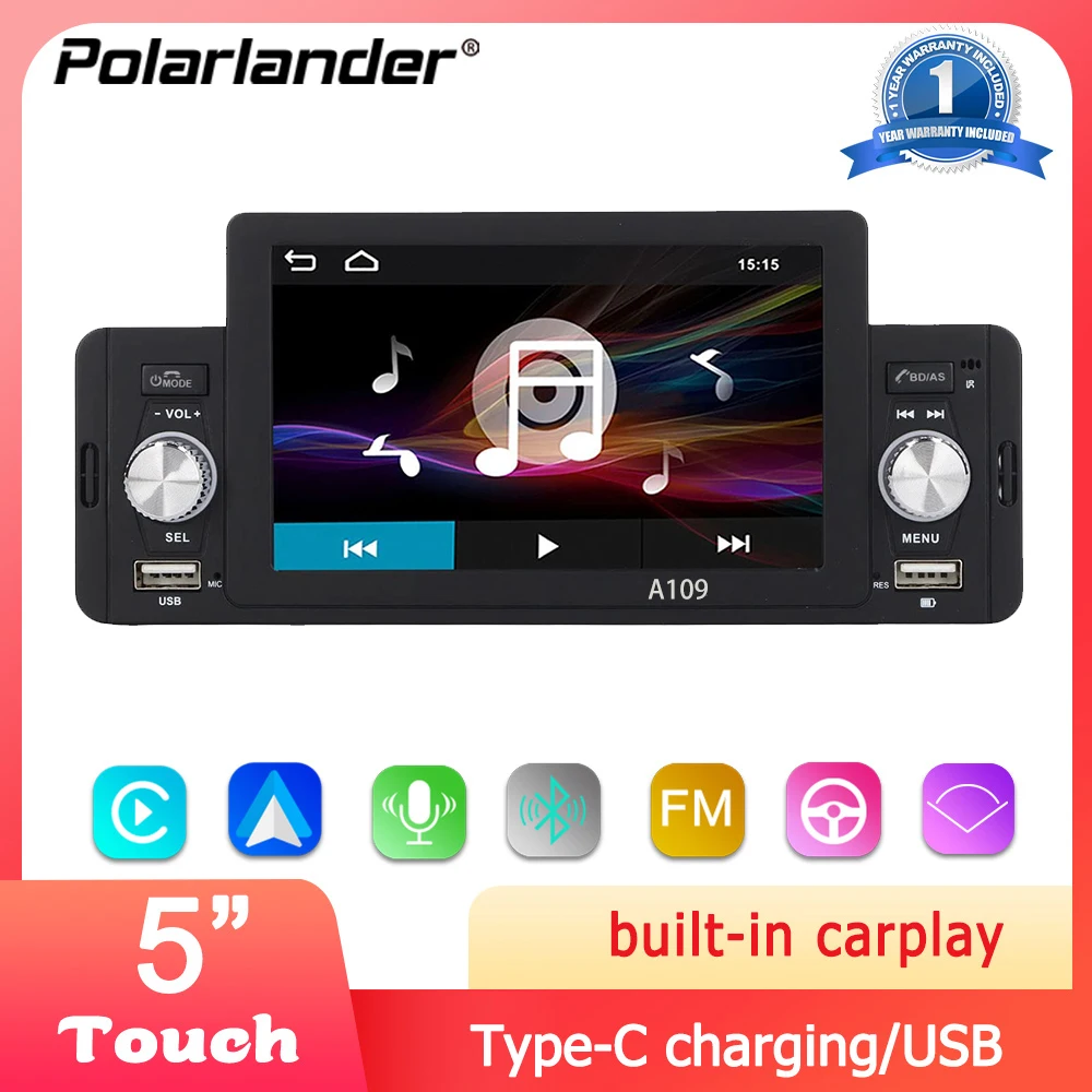 

5-дюймовая автомобильная магнитола Single Din, совместимая с Apple CarPlay, Android Auto, Bluetooth 5.1, для универсальных автомобилей