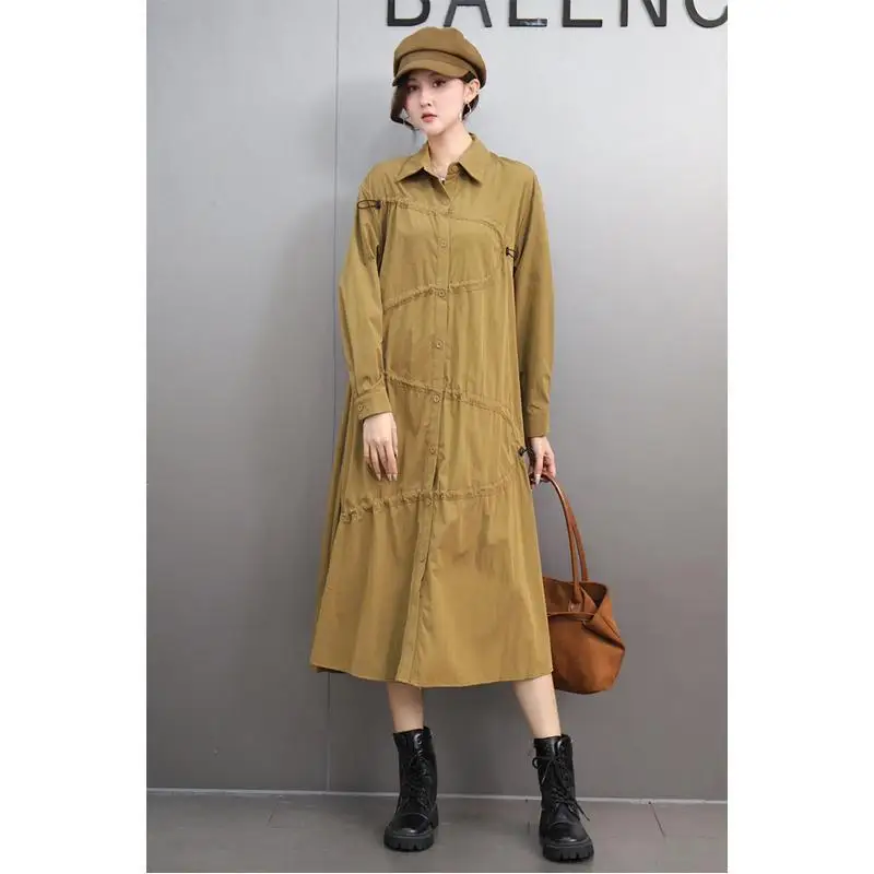 Vefadisa 2025 Spring Autumn New Dark Gray Women Dresses Lapel Long Sleeved Shirt Dress Loose Elegant Casual Dresses ZXY1306A