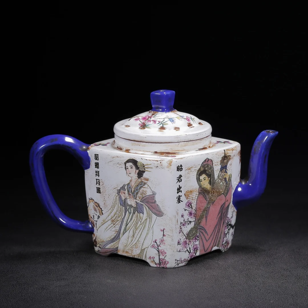 Old Chinese Handcraft Enameled  YiXing Zi Sha Clay  (red stoneware) Teapot,The Four Great Beauties of Ancient China