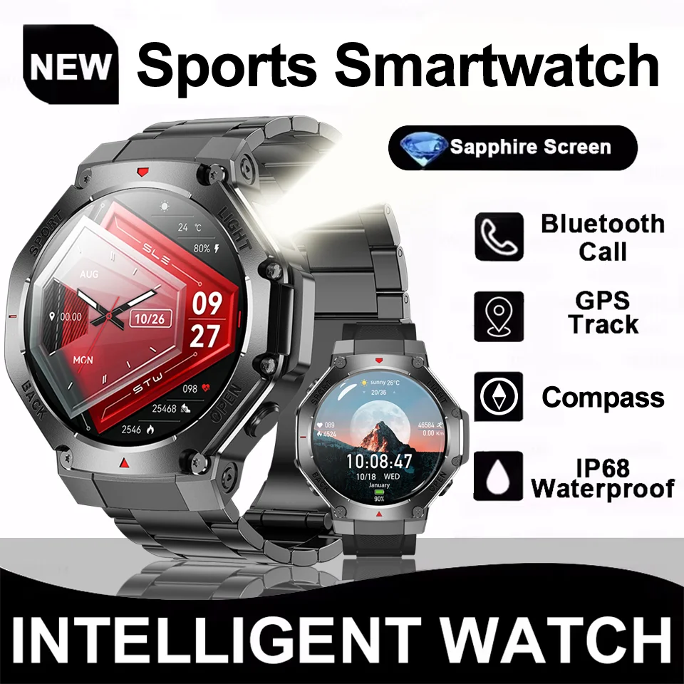 New Sports Ultra Smart Watch Men GPS Outdoor Sports Flashlight Compass Heart rate Waterproof Bluetooth Call Smartwatch AMOLED