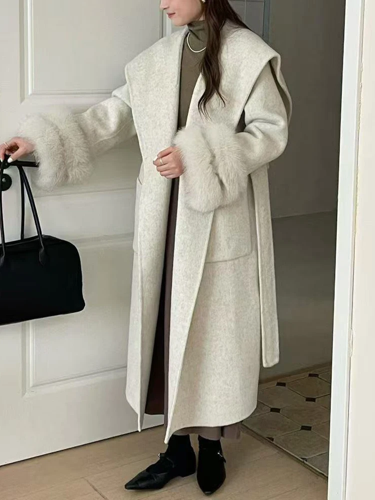 YERMORA Coffee Fox Fur Cuff Belt Warm Woolen Coat For Women Lapel Long Sleeve Loose New Overcoat Fashion Tide Autumn Winter 2026