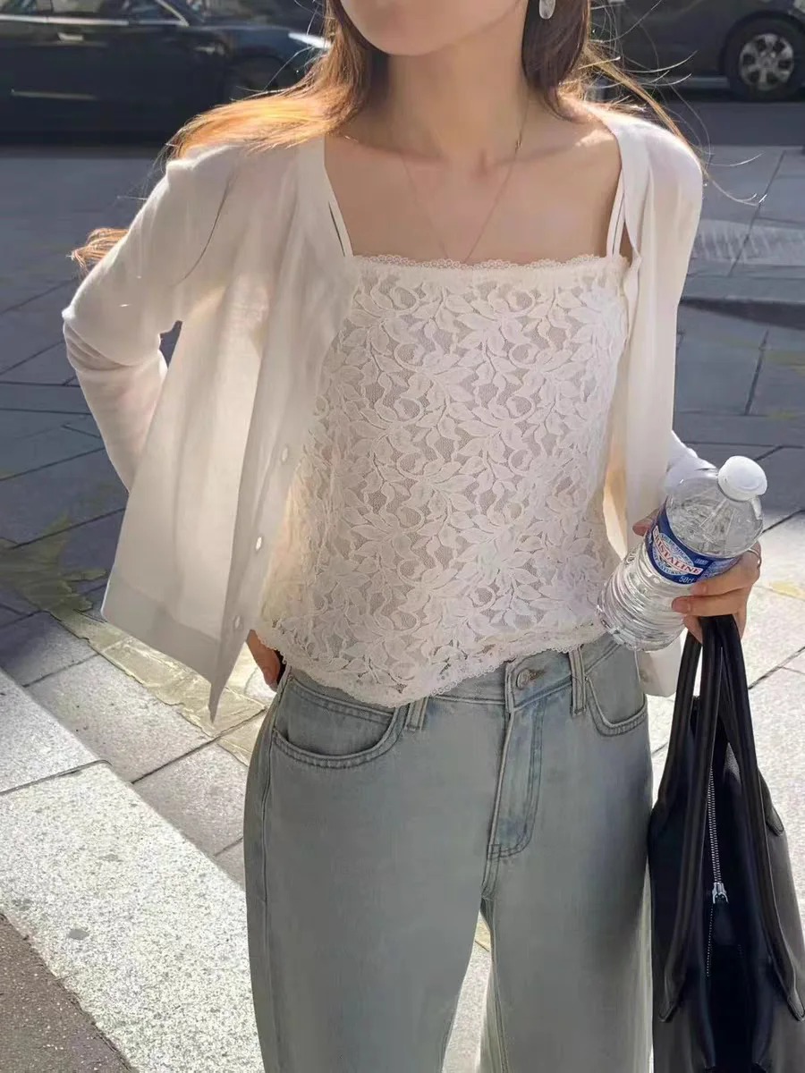 

Ounce Pure Desire Summer New Lace Strap Thin Sun Protection Knitted Cardigan Top Women's Fashion Set Loose Fit Regular Length