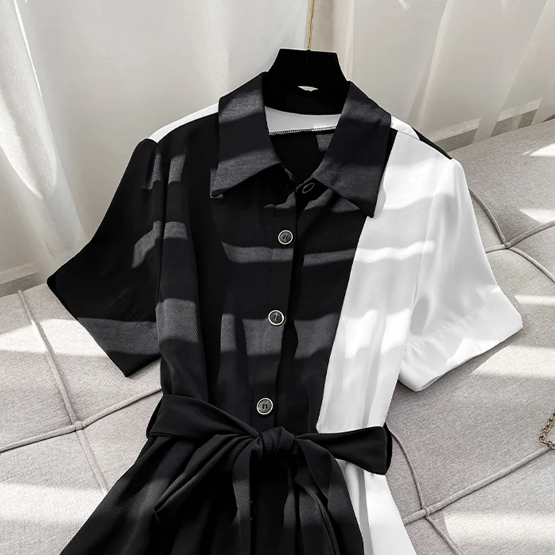 Casual Short Sleeve Long Shirt Dresses For Women Black White Summer Patchwork Long Dress Clothing Femme Robe Vestidos Largos 원피스