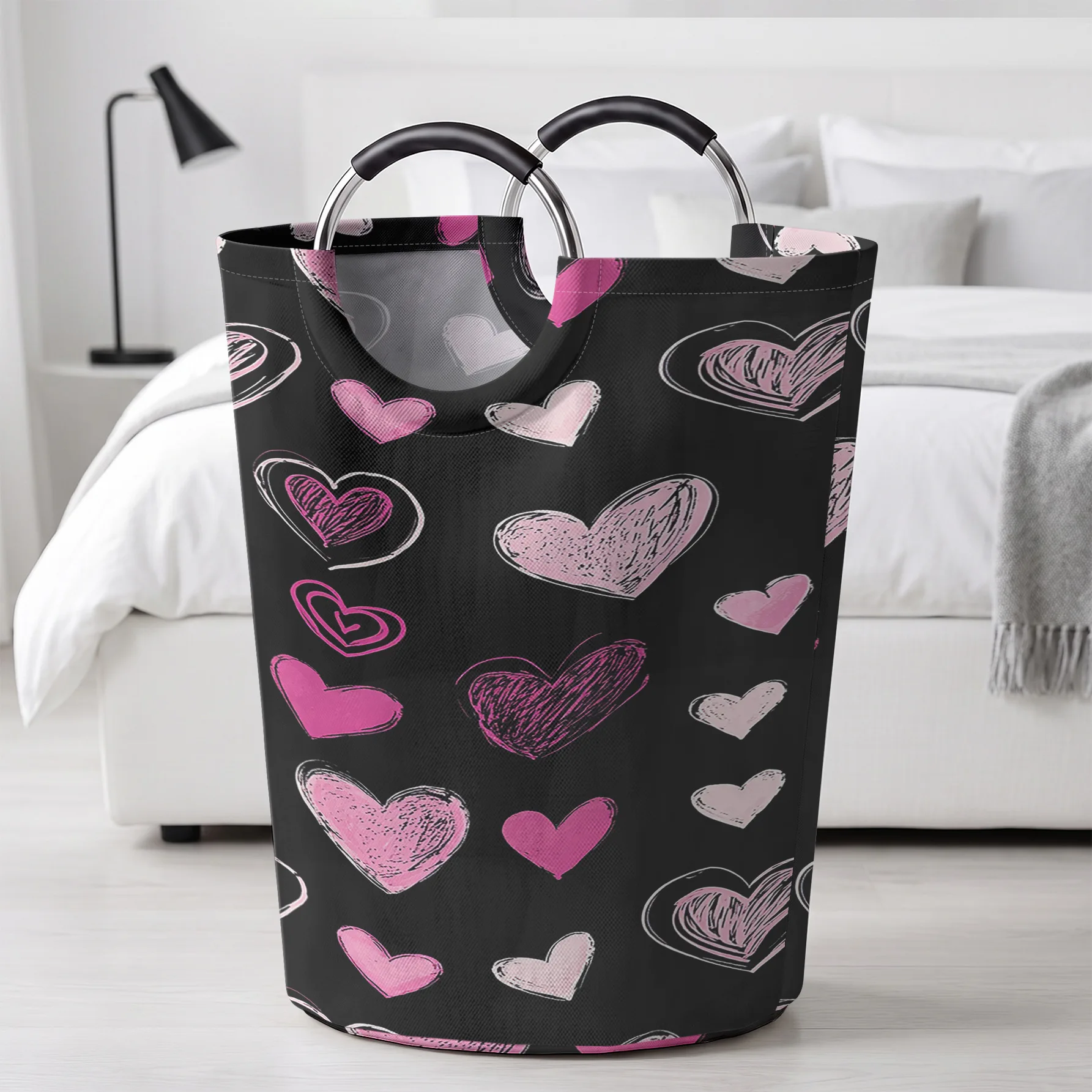 Hand Drawn Pink Heart All Over Print Handheld Storage Basket, Large Capacity, for Dirty Clothes, Bedroom Sundries and Toy Storag