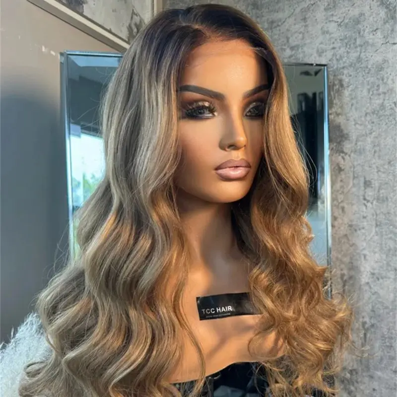 28 Inch Long Body Wave Wig 13x4 Ombre Brown Blonde Synthetic Lace Front Wig Natural Preplucked Hairline with Baby Hair Cosplay