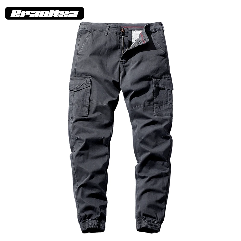 

New Men Outdoor Casual Pure Cotton Jogging Pants Men Straight-through Elastic Leg Military Multiple Pockets Cargo Pants Men