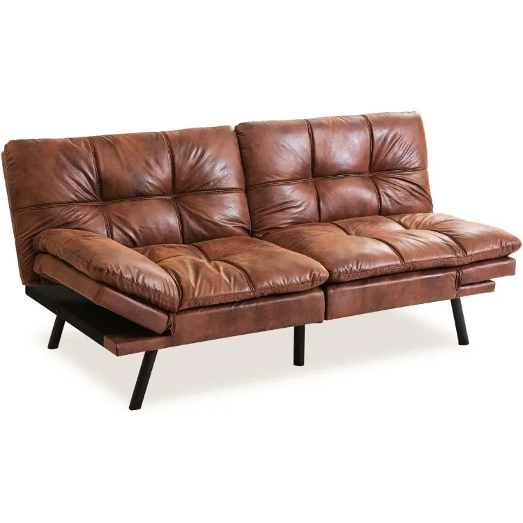 Futon Sofa Bed, Memory Foam Couch Bed with Mattress and Frame Included,Comfortable Brown Faxu Leather Loveseat Sleeper