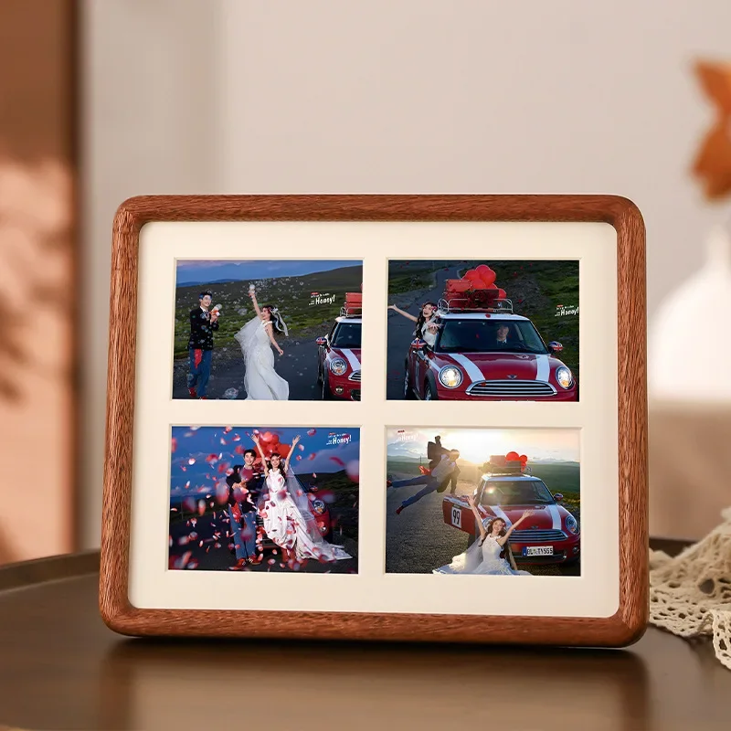 Walnut Solid Wood Mortise and Tenon Four-Grid Photo Frame - Elegant Desktop Display for Travel Memories and Children's Pictures