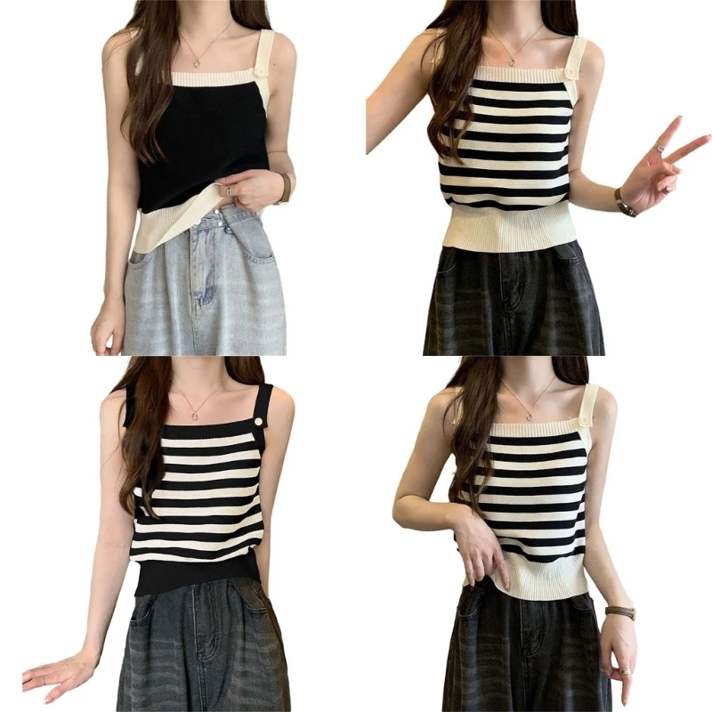 Women's Square Neck Crop Tops Button Sleeveless Contrast Binding Summer Outfit for Various Occasion