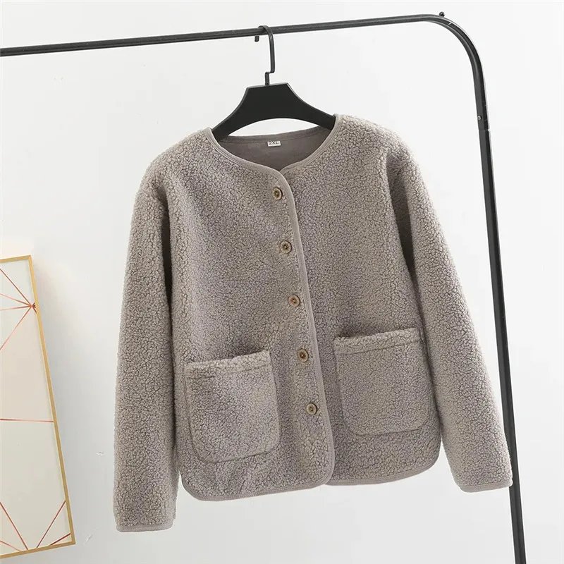 

Spring Autumn New Casual Faux Lamb Wool Coat Women Fashion O-Neck Warm Short Fleece Cardigan Jacket Female Loose Outerwear B1300