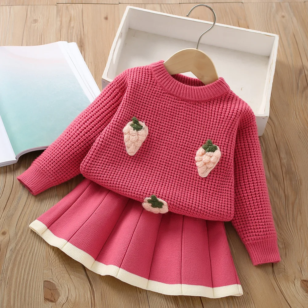 Children\'s Korean version sweater set girl\'s autumn winter strawberry knitted cardigan set baby princess skirt two-piece set