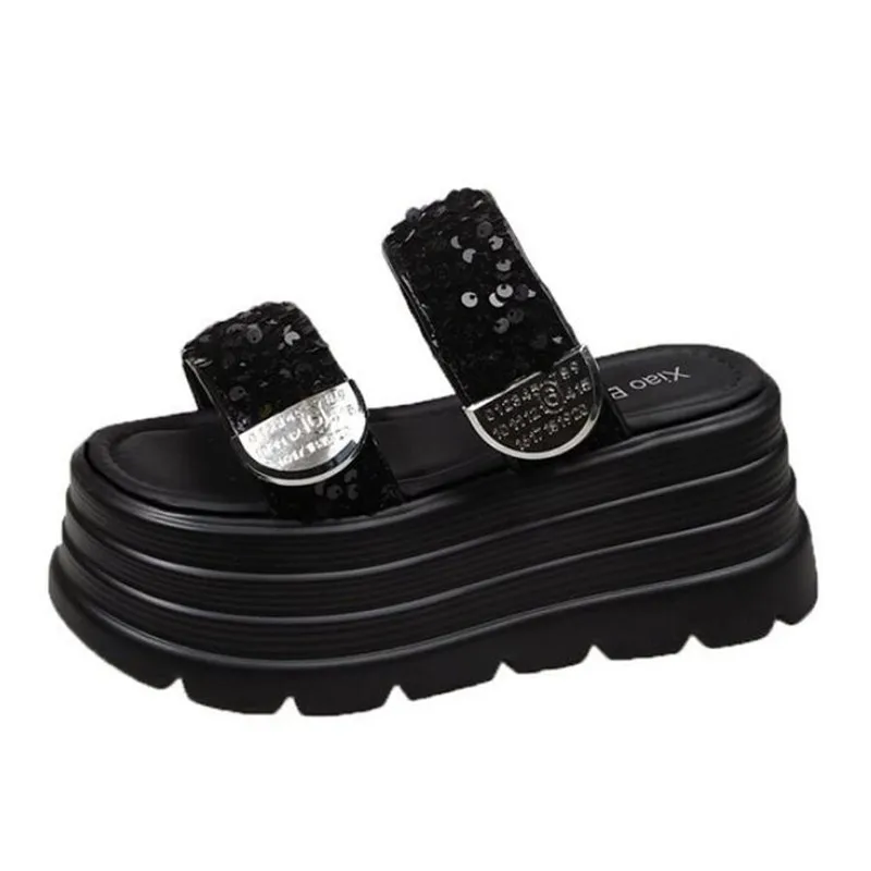 8CM Heels Chunky Slippers For Women Open Toe High Platform Leather Sandals Woman 2026 New Summer Thick Bottom Beach Flip Flops