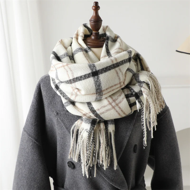 Unisex Vintage Style Cashmere Like Thick Warm Shawl Wrap Winter Plaid Tassel Blanket Scarf Women Neckerchief Pashmina Poncho