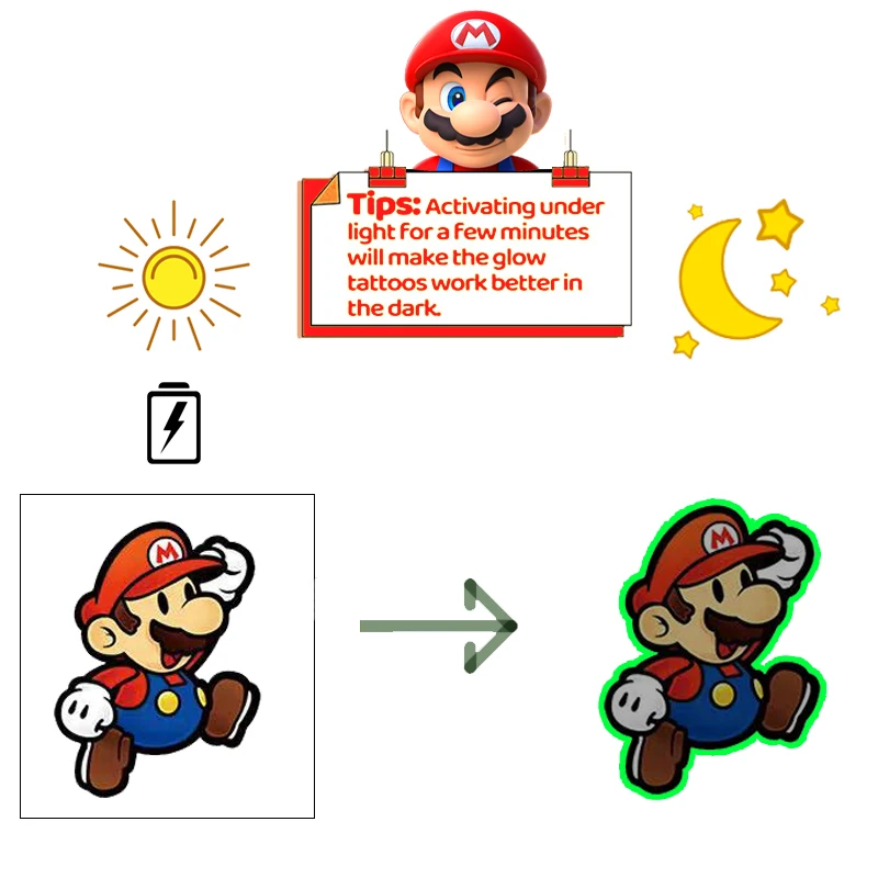 Super Brother Luminous Tattoos for Kids Mario Styles Temporary Tattoos Stickers Boys Girls Glow Party Supplies Gift for Children