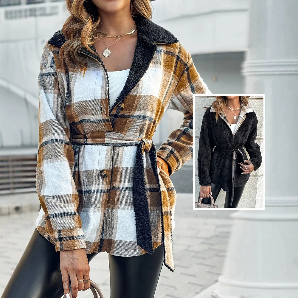 Women Plaid Pattern Reversible Fleece Teddy Coat Button Down Tied Detail Warm Jacket