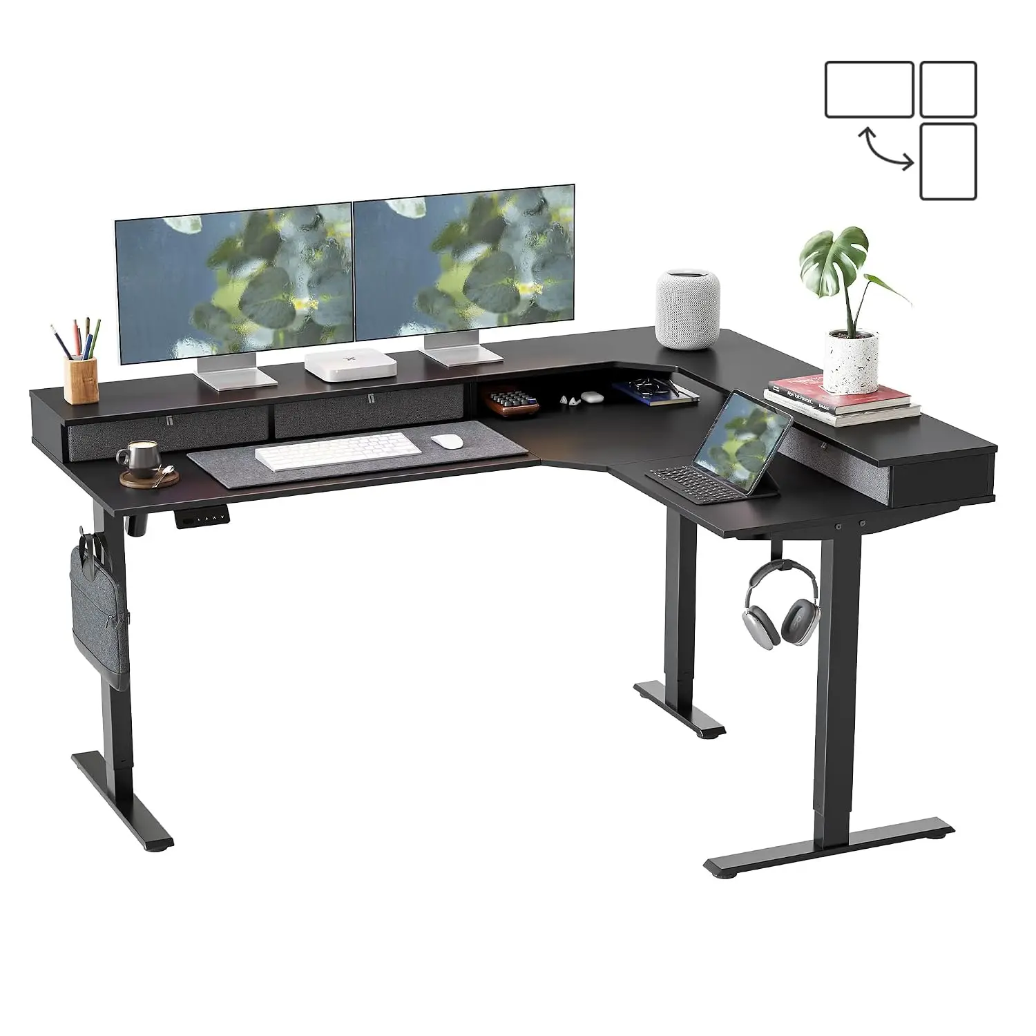 L Shaped Electric Standing Desk 63x48in Drawers Reversible Top 2 Memory Heights Office Gaming Adjustable Table Black, Customized