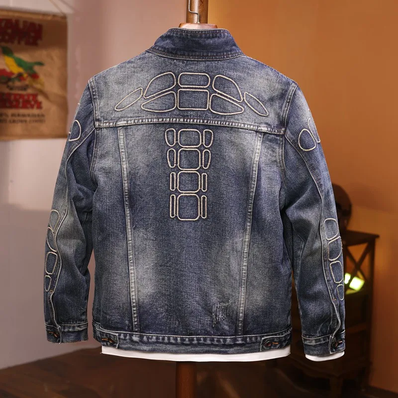 

Motorcycle Style Denim Jacket Men 2024 New Street Trend Retro Loose Embroidery Distressed Jacket Men's Denim Jacket