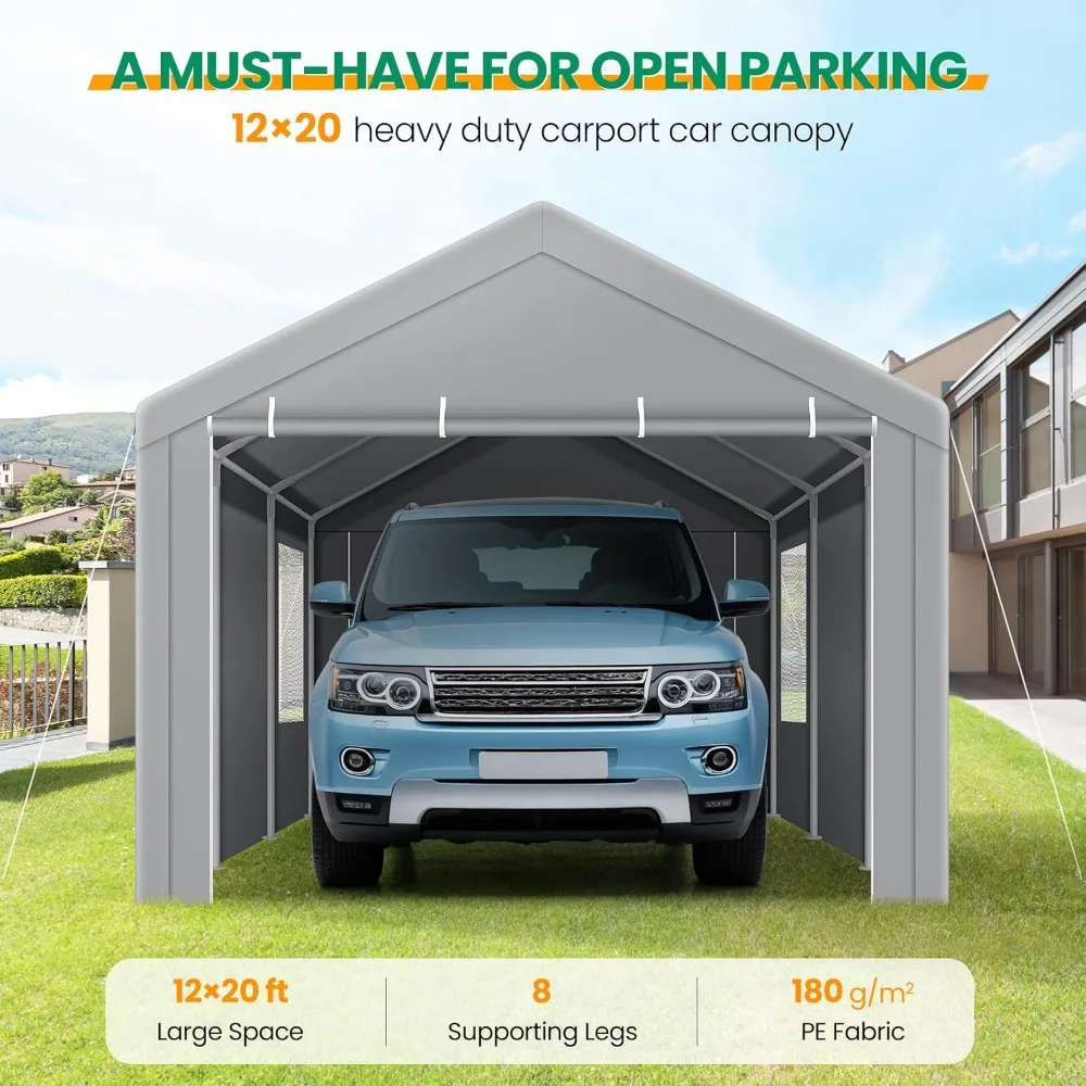 

Carport Canopy 12x20 Heavy Duty Portable Garage with Removable Sidewalls & Doors, Galvanized Frame Car Port Canopy Tent Waterpr