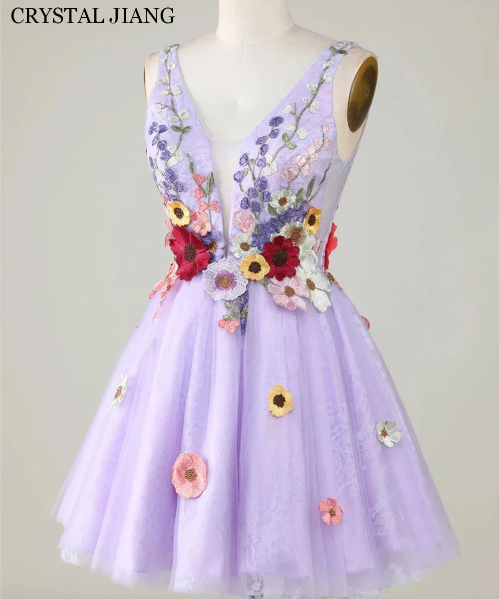 

Lovely Short Purple Prom Dresses Sleeveless with Floral Appliques Backless A Line Knee Length Vestidos De Formatura