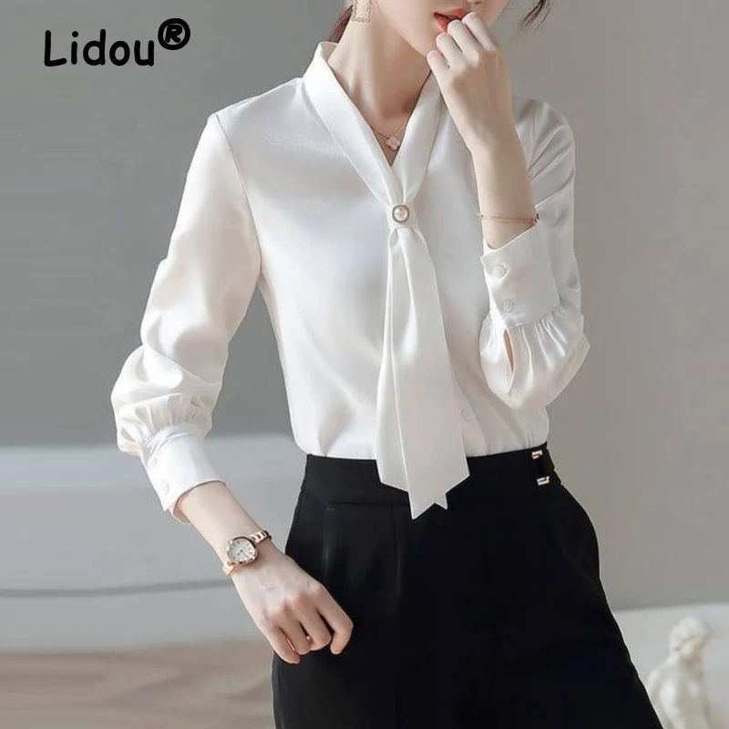 Green White Korean Elegant Office Lady Shirt Spring Autumn Women Bow Chic Temperament Long Sleeve Loose Blouse Tops Blusas Mujer