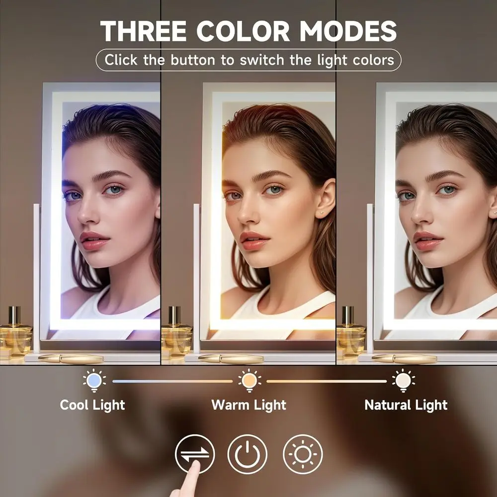 مرآة مكياج مضاءة بإضاءة LED، 23.6 × 18.1، تحكم باللمس، 3 ألوان سطوع قابل للتعديل، 360 درجة ° دوار (أبيض) #2
