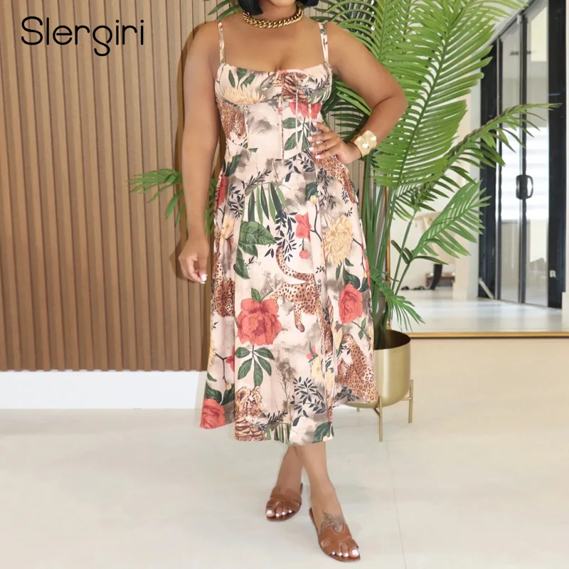

Slergiri Women's Floral Print Knot Front Cami Dress 2025 Summer Sexy Beach Vacation Elegant A-line Split Long Dresses