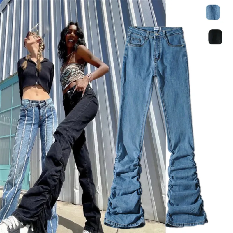 

American Street Sle High Waist Pleated Hem Flared Long Jeans Women's Straight Floor-Length Pants Slimming Trendy Jeans