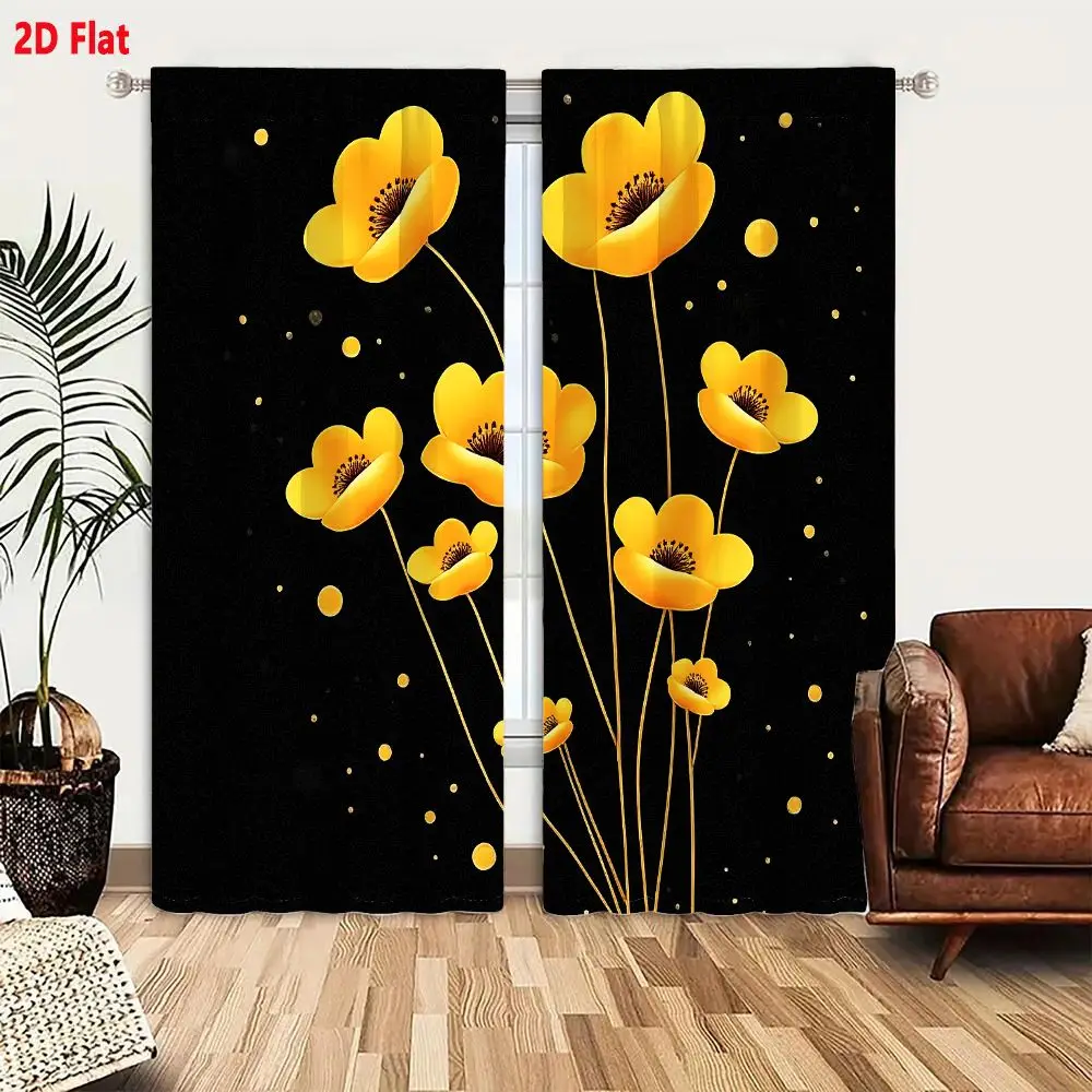 2Pcs Curtains 2D Flat Yellow Poppy Flowers On Black Background With Glowing Dots Window Drapes for Bedroom Room Decor Decoration