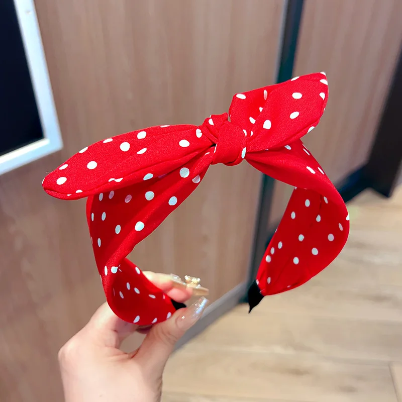 Effen kleur stof Polka Dot Bow hoofdband voor kinderen Elegant temperament Brede hoofdband Mode meisje make-up haarband