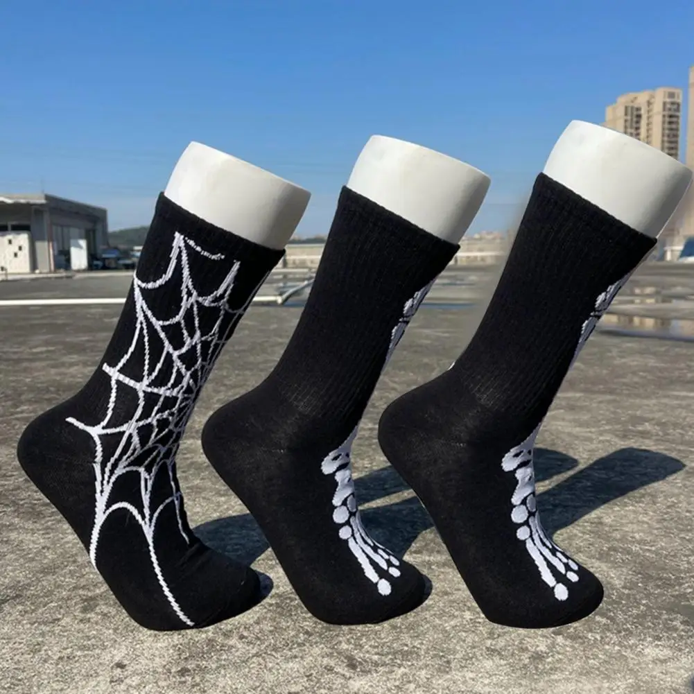 Sweat-absorbent Socks Spider Skull Skeleton Print Halloween Sports Socks High Elasticity Anti-slip Unisex Long for Basketball