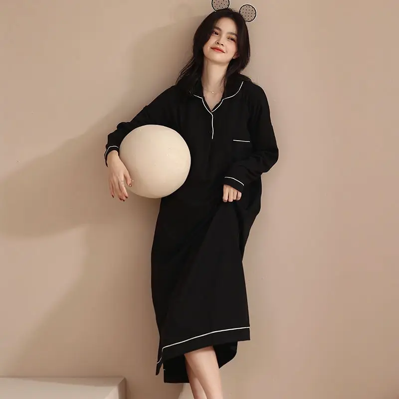 

One Piece Pajamas Women's Long Sleeves Simple Nightgown Sleepwear Autumn Models Loose Knee Length Night Dress Homewear Winter