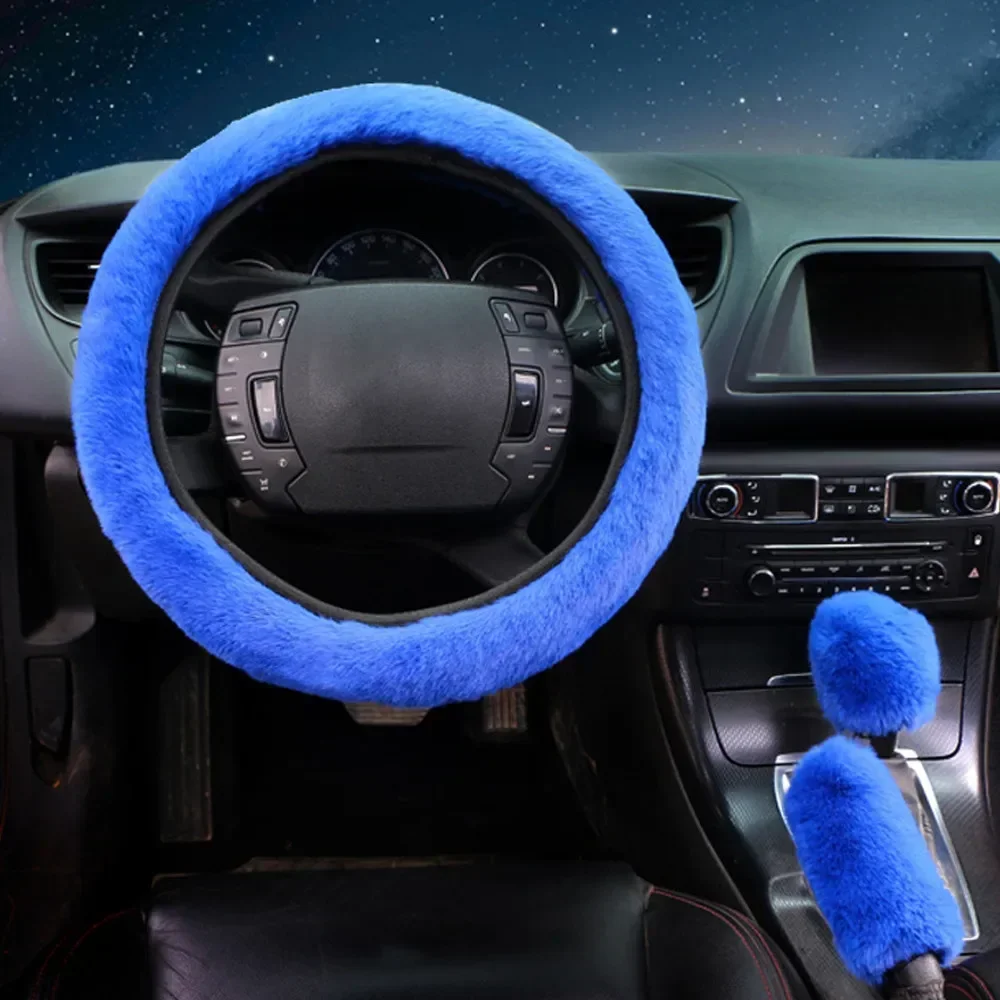 Plush Steering Wheel Cover + Gear Cover + Handbrake Cover (3-piece Set) Pink Fashion Fluffy Steering Wheel Covers For 38cm (14.9