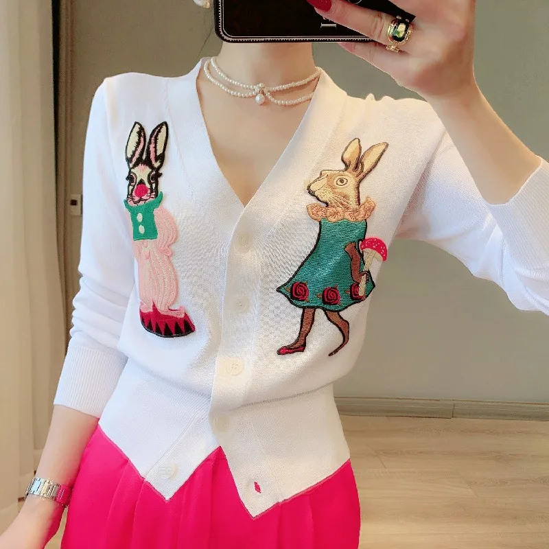 Cartoon Rabbit Embroidery Knitted Women\'s Sweater Cardigan Long Sleeve V-neck Tops Elegant Chic Fashion Ladies Jumpers Knitwear