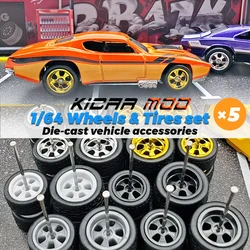 1/64 Front Small Rear Big Wheels with Detachable Rubber Tires Five Spokes for Model Cars Refiting Parts for Hotwheels (5 Sets)