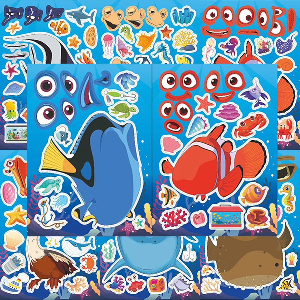8/16sheets Cute Disney Finding Nemo Make a Face Puzzle Stickers DIY Assemble Jigsaw Cartoon Decoration Sticker Party Reward Gift